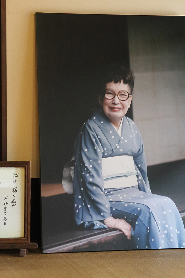 生家の縁側でくつろぐ千代の写真